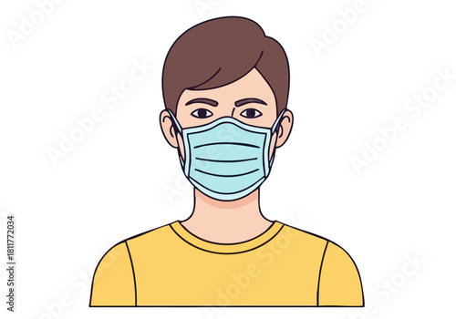 A young man wearing a face mask, promoting safety. Clean, modern illustration with a bright teal background. ?Mask Breathe Safe? text. Suitable for health and wellness campaigns.