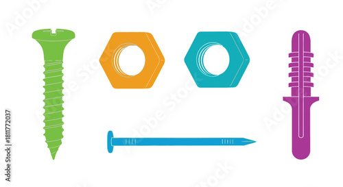 Colorful fasteners including screws bolts nuts and a nail illustration