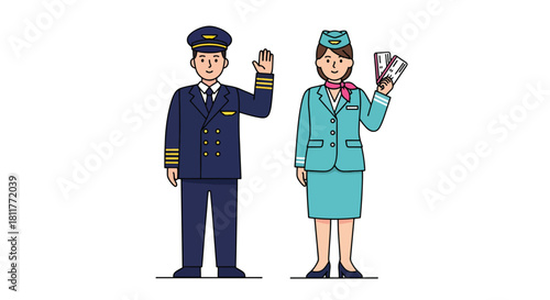Cartoon Pilot and Flight Attendant in Uniforms Waving.