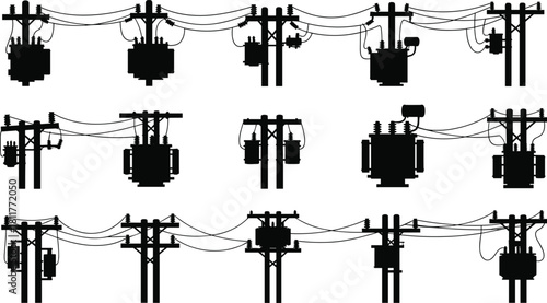 Silhouette vector illustration of utility poles with electrical transformers and power lines—distribution infrastructure layout for engineering, planning, technical reference, and design