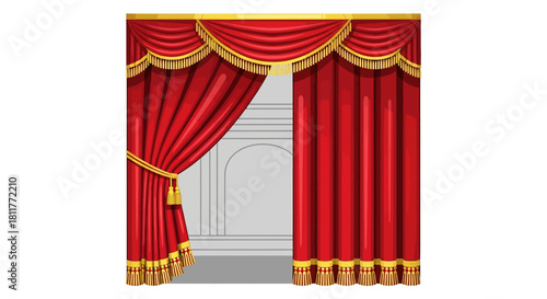 Elegant Red Velvet Stage Curtains with Decorative Gold Trim, Ready to Reveal a Grand Performance