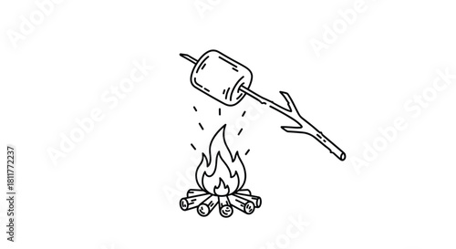 Simple line art doodle of roasting a marshmallow on a stick over a warm and cozy campfire on a white background.