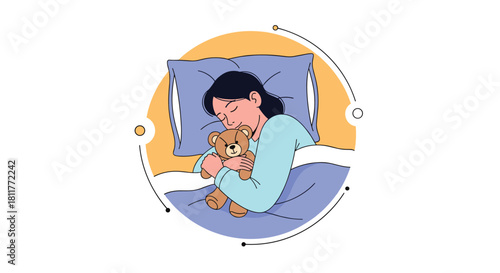 Young woman sleeping peacefully in her bed at night while hugging a cute and comforting brown teddy bear illustration.