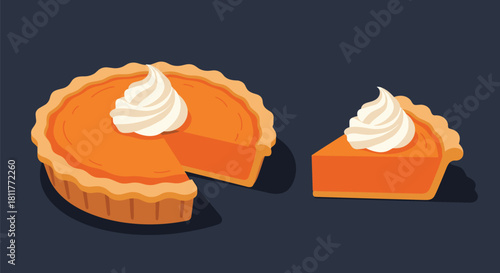 Delicious homemade pumpkin pie with a slice cut out both topped with whipped cream for a Thanksgiving dessert.