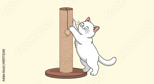 Adorable happy white cat playing with and scratching a sisal scratching post to sharpen its claws illustration.