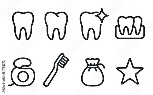 Dental health icons: tooth, toothbrush, floss, and gum care symbols