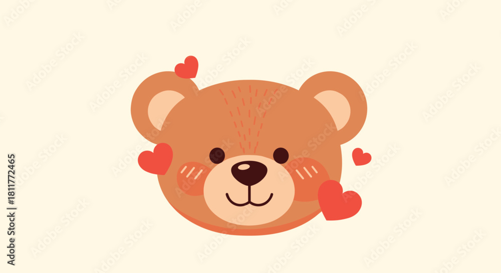Naklejka premium Cute and charming teddy bear face surrounded by small floating red hearts for Valentine's Day or a love concept.