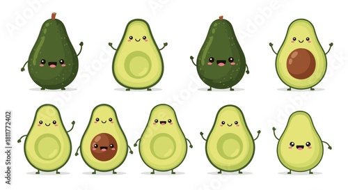 Collection of cute and happy kawaii avocado characters shown whole and sliced in half with adorable smiling faces set.