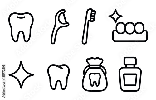 Dental care icons: tooth, floss, toothbrush, mouthwash on black background