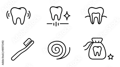 Dental care icons set: tooth, toothbrush, toothpaste, care symbols
