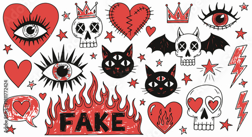Hand Drawn Grunge Patch Sticker Set Collection with Skulls, Broken Hearts, Cats, and Red Flames isolated PNG with Transparent Background
