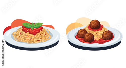 Two delicious plates of classic Italian pasta one with spaghetti and meatballs and another with a simple tomato sauce.