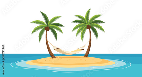 Peaceful tropical island paradise with a relaxing hammock hanging between two palm trees in the middle of the ocean.