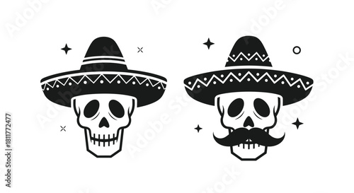 Black and white vector icons of two Mexican sugar skulls wearing sombreros for the Day of the Dead celebration.