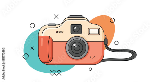 Cute and smiling cartoon camera character with a friendly face shown against a background of colorful abstract shapes.