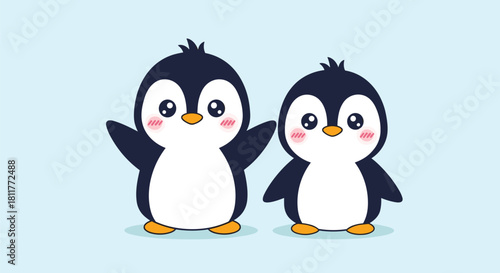 Adorable illustration of two cute baby penguin characters standing together against a simple light blue background.