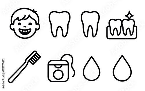 Dental health icons set: teeth, toothbrush, floss, child face, gums