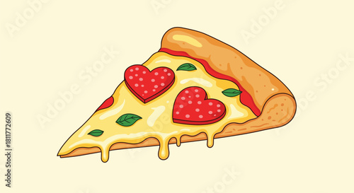 Romantic slice of pizza with heart-shaped pepperoni toppings and fresh basil perfect for a Valentine's Day meal.