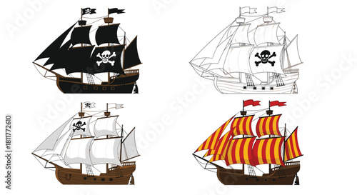 Set of four pirate ship illustrations with skull and crossbones flags shown in different styles on a white background.
