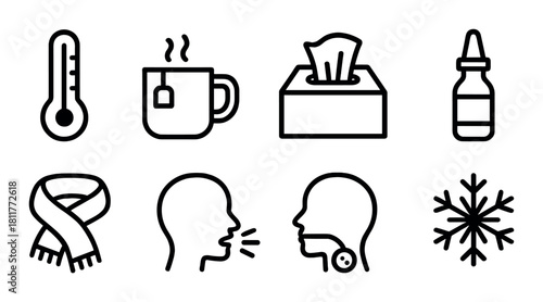 Winter and cold symptoms icons: thermometer, tea, tissues, medicine, scarf, cough, snowflake
