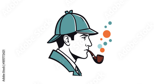 Stylized profile portrait of a classic detective in a deerstalker hat smoking a pipe with colorful bubbles floating out.