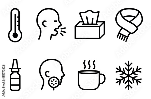 Cold and flu symptoms and remedies: fever, cough, tissues, scarf, nasal spray, herbal tea, winter
