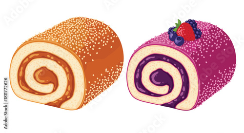 Two delicious swiss roll cakes one with caramel filling and one with berry jam and fresh fruit on a white background.