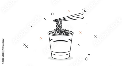 Minimalist line art illustration of instant cup noodles with chopsticks against a white background with abstract shapes.