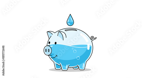 Conceptual illustration of a transparent piggy bank being filled with water drops to represent water conservation.