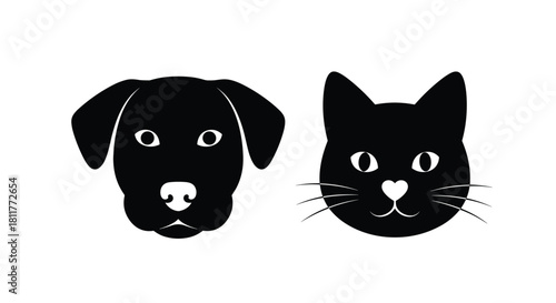Simple black silhouette icons of a dog head and a cat head representing pets or a veterinary clinic on white background.