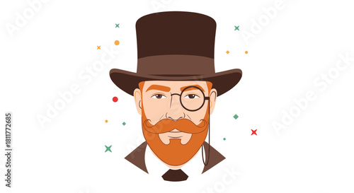 Portrait of a sophisticated Victorian gentleman with a red mustache wearing a top hat and a monocle on white background.