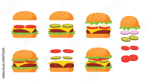 Burger constructor set with various ingredients and assembled hamburgers for creating custom fast food illustrations.
