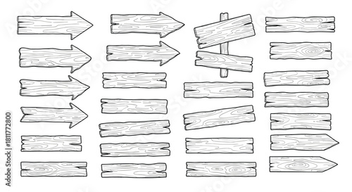Large collection of hand-drawn vintage wooden signs planks and arrow pointers in a black and white sketch style.
