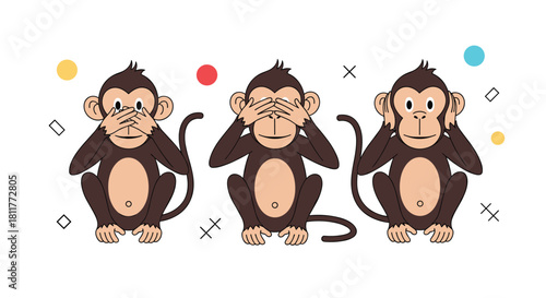 Classic illustration of the three wise monkeys covering their eyes ears and mouth representing see hear and speak no evil.