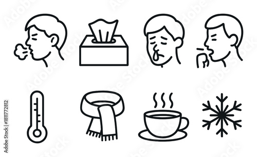 Cold and flu symptoms and remedies icons: tissue, thermometer, scarf, hot drink, snowflake