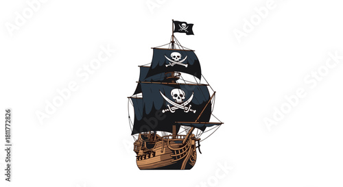 Vintage wooden pirate ship with black sails and a jolly roger flag sailing on the sea for a treasure adventure.