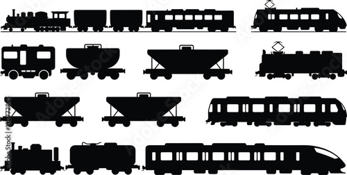 Silhouette of train cars, steam locomotives, electric engines, passenger railcars, freight wagons, black and white illustration, railway transport, train design comparison