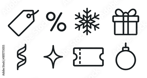 Minimalist holiday icons set featuring gift, snowflake, ornament, and ticket designs