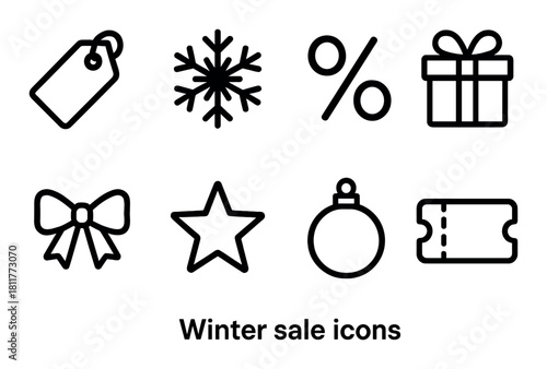Winter sale icons: tag, snowflake, percentage, gift box, bow, star, ornament, ticket