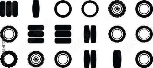 Silhouette of tire icons, tread patterns, vehicle wheels, automotive design, black and white illustration, tire types, off-road, racing, street, dual tires