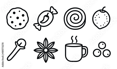 Monochromatic icons of cookie, candy, strawberry, spice, and hot drink