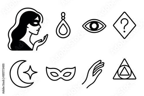 Mystical icons: masks, moons, eyes, and symbols