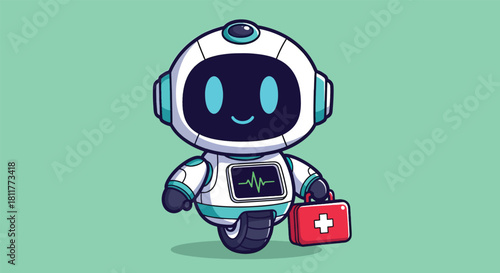 Cute Medical Robot Cartoon Character Holding First Aid Kit.