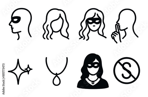 Mysterious silhouettes and symbols with masks in minimalist design