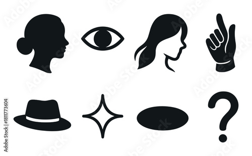 Silhouette compilation of faces and icons on black background