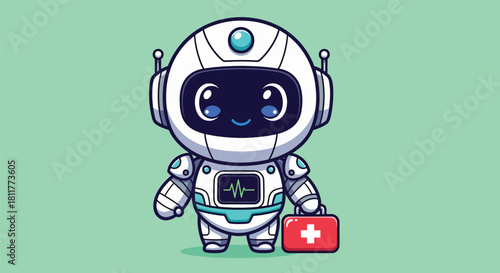 Cute white cartoon robot doctor holding a red medical firstaid kit.