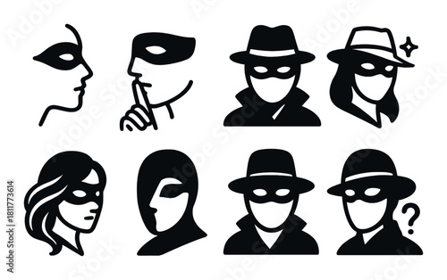 Silhouette icons: mysterious figures in masks and hats