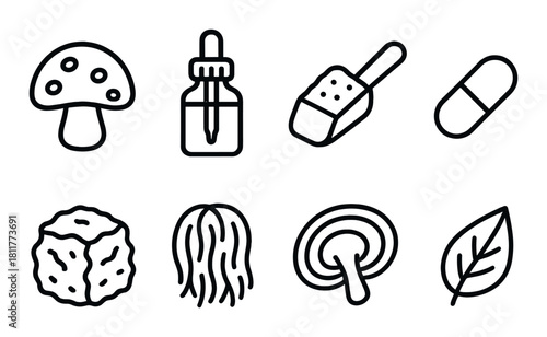 Outline icons of mushroom, dropper, spice, pill, tofu, seaweed, taro, leaf on olive background