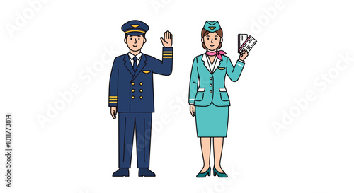 Pilot and Flight Attendant Illustration Airline Crew in Uniform.