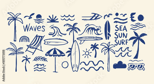 Hand Drawn Summer Beach Doodle Vector Set. Surfing, Palm Tree, and Ocean Elements Collection. isolated PNG with Transparent Background